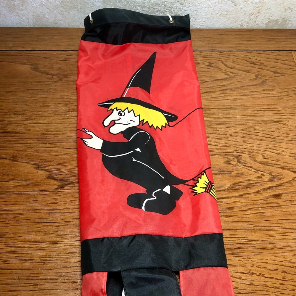 Vintage 1970s burnt orange/black Halloween witch wind sock 60”